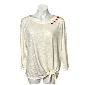 French Laundry Embroidered Heart Front Tie Top Size Large Cream